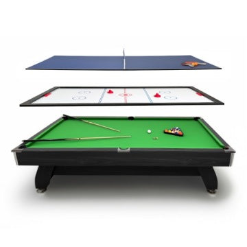 Mesa de billar negra 8 ft con air hockey y ping-pong